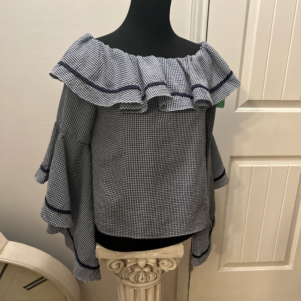 50%offw❤️ Anthropologie Liquid by Sioni boho gingham bell sleeve Med #3